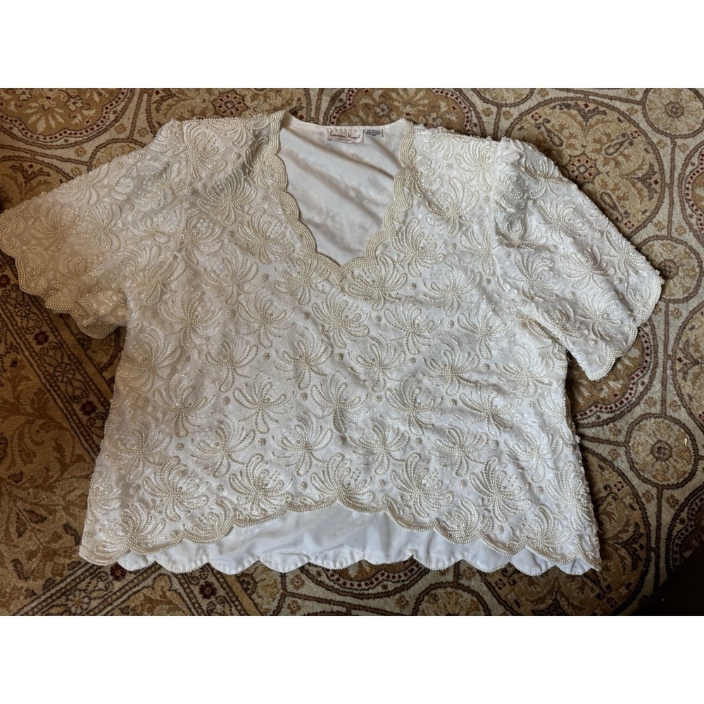 Vintage Lawrence Kazer New York Pearl Ivory Beaded Top Wedding Sequin 3X/4X 24W